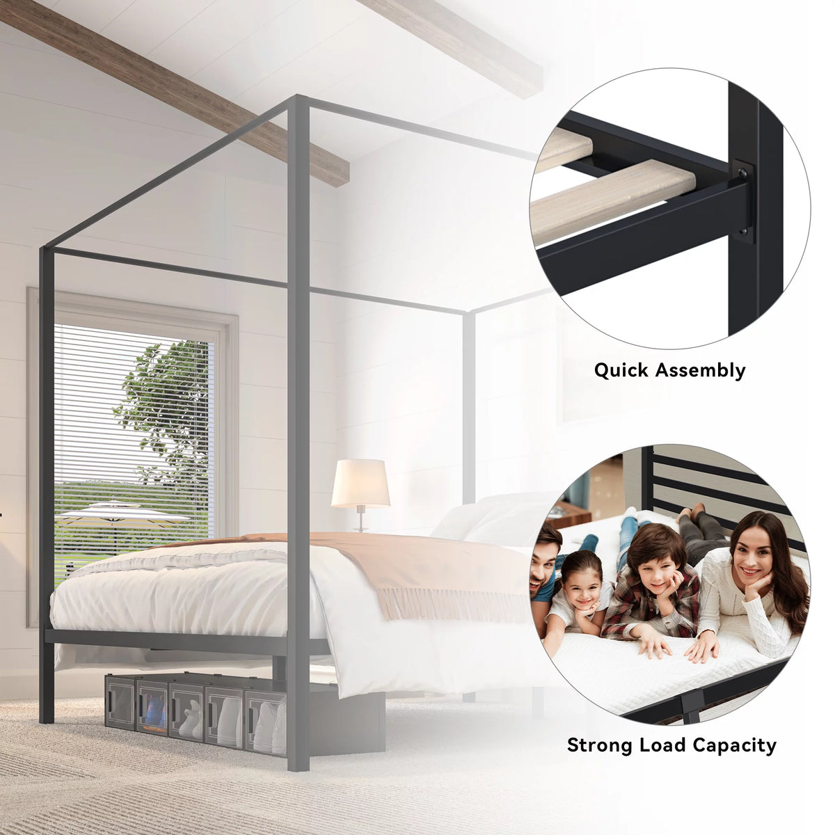 Black King Size Canopy Bed Frame with Headboard U124