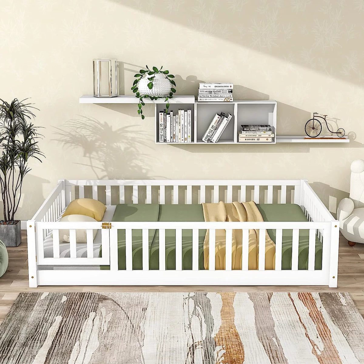 White Twin Floor Bed Frame with Fence and Wood Slats X246