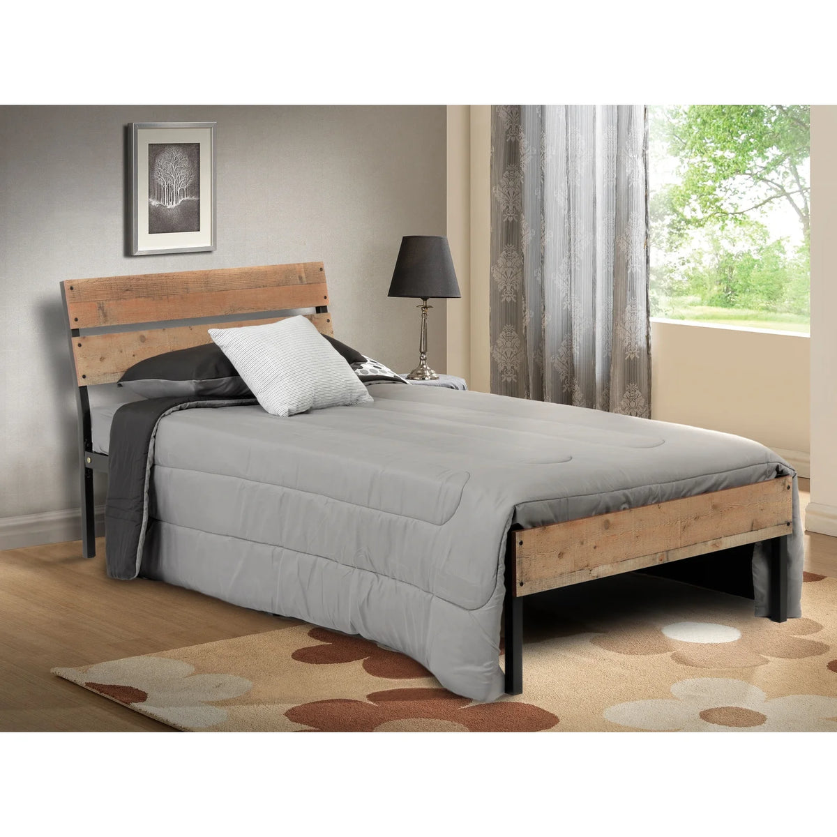 Twin Bed Frame with Black Metal Base and Rustic Barnwood Headboard and Footboard Q74241