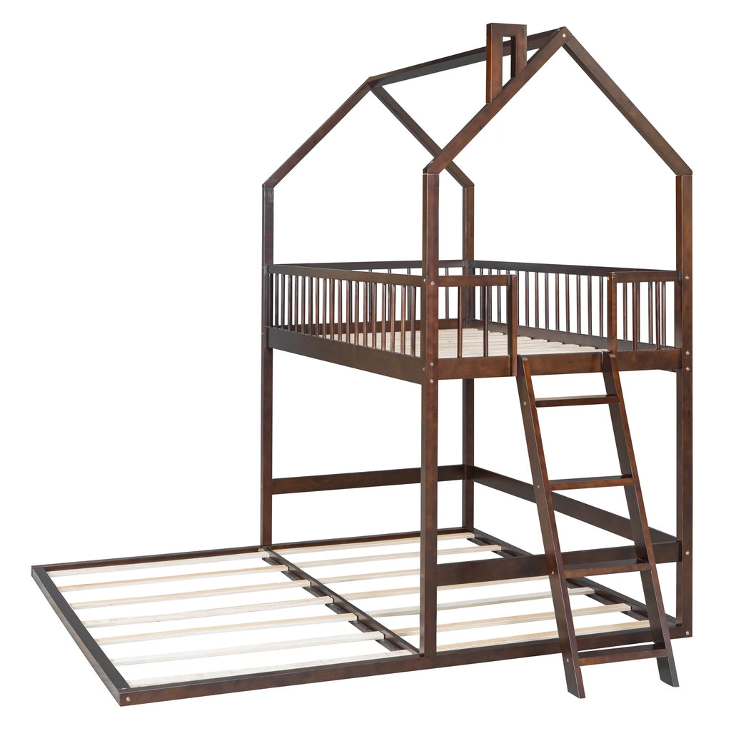 Twin Over Twin House Bunk Bed with Trundle and Roof N41318