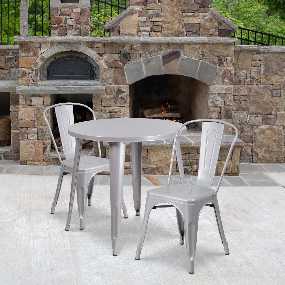 30" Round Silver Metal Indoor-Outdoor Table Set with 2 Cafe Chairs X3524