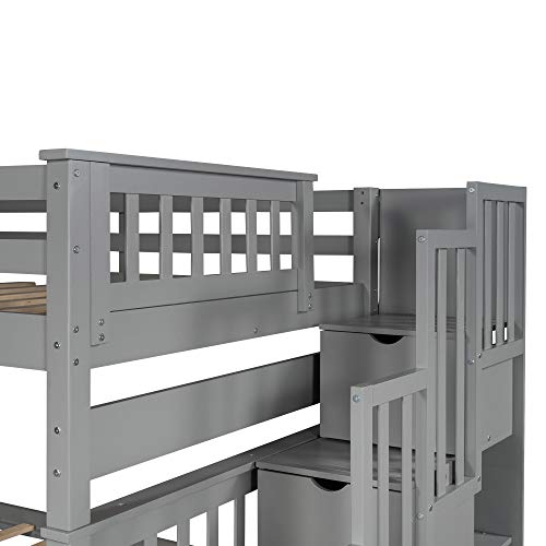 Twin Over Full Wooden Bunk Bed with Trundle and Stairway A653