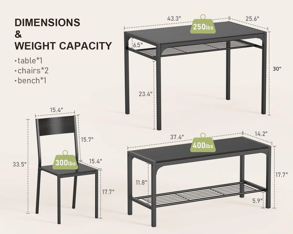 Black Dining Table Set of 4 with 2 Chairs 1 Bench E521