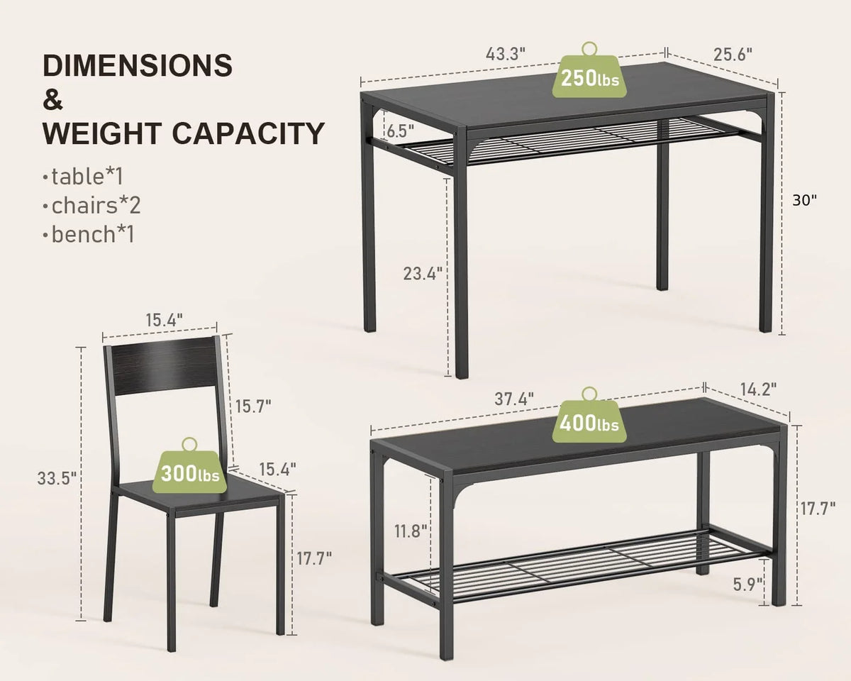 Black Dining Table Set of 4 with 2 Chairs 1 Bench E521
