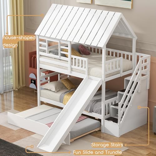 White Twin Over Twin Wood Bunk Bed with Slide and Trundle F422