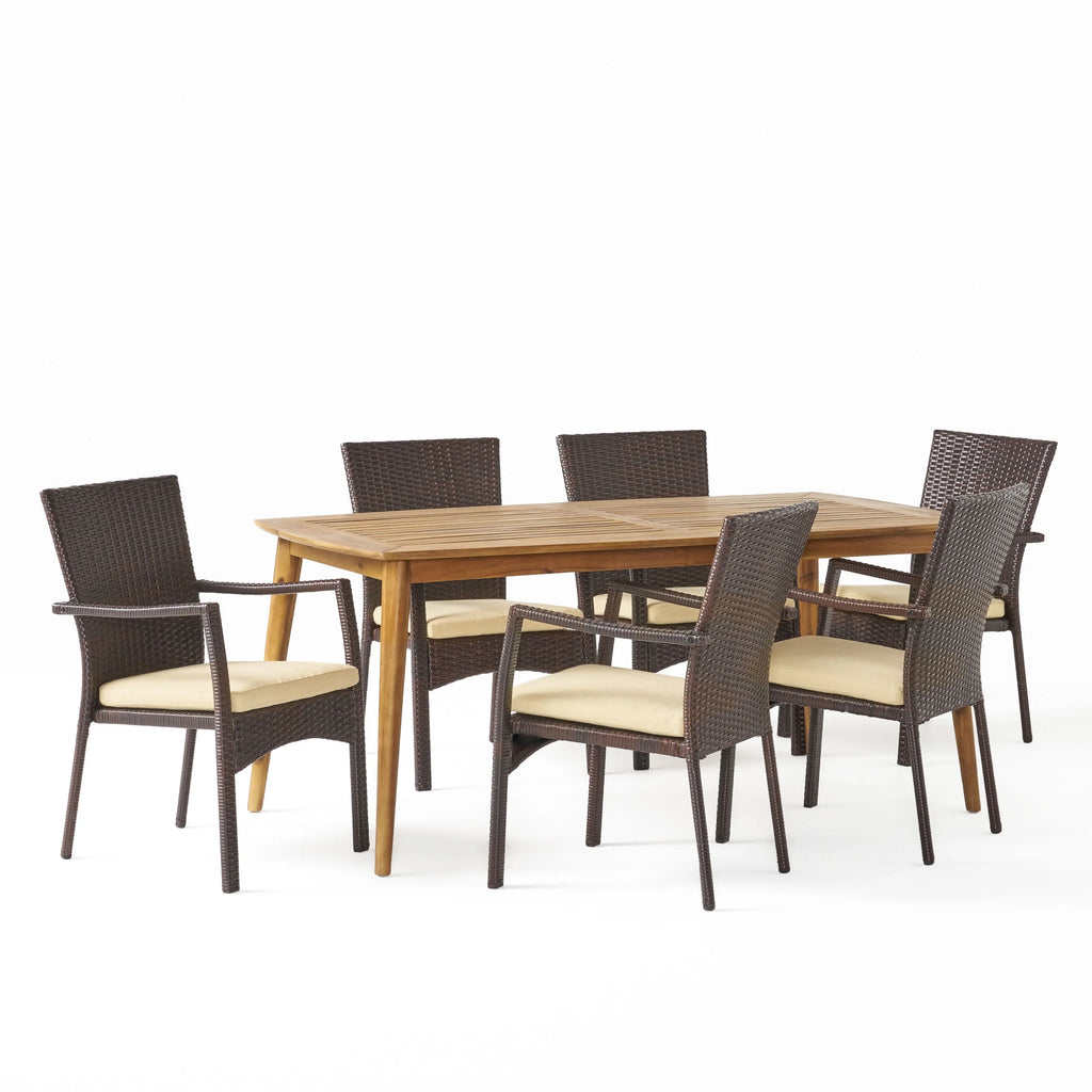 Acacia Wood and Wicker 7 Piece Dining Set with Cushion B70117