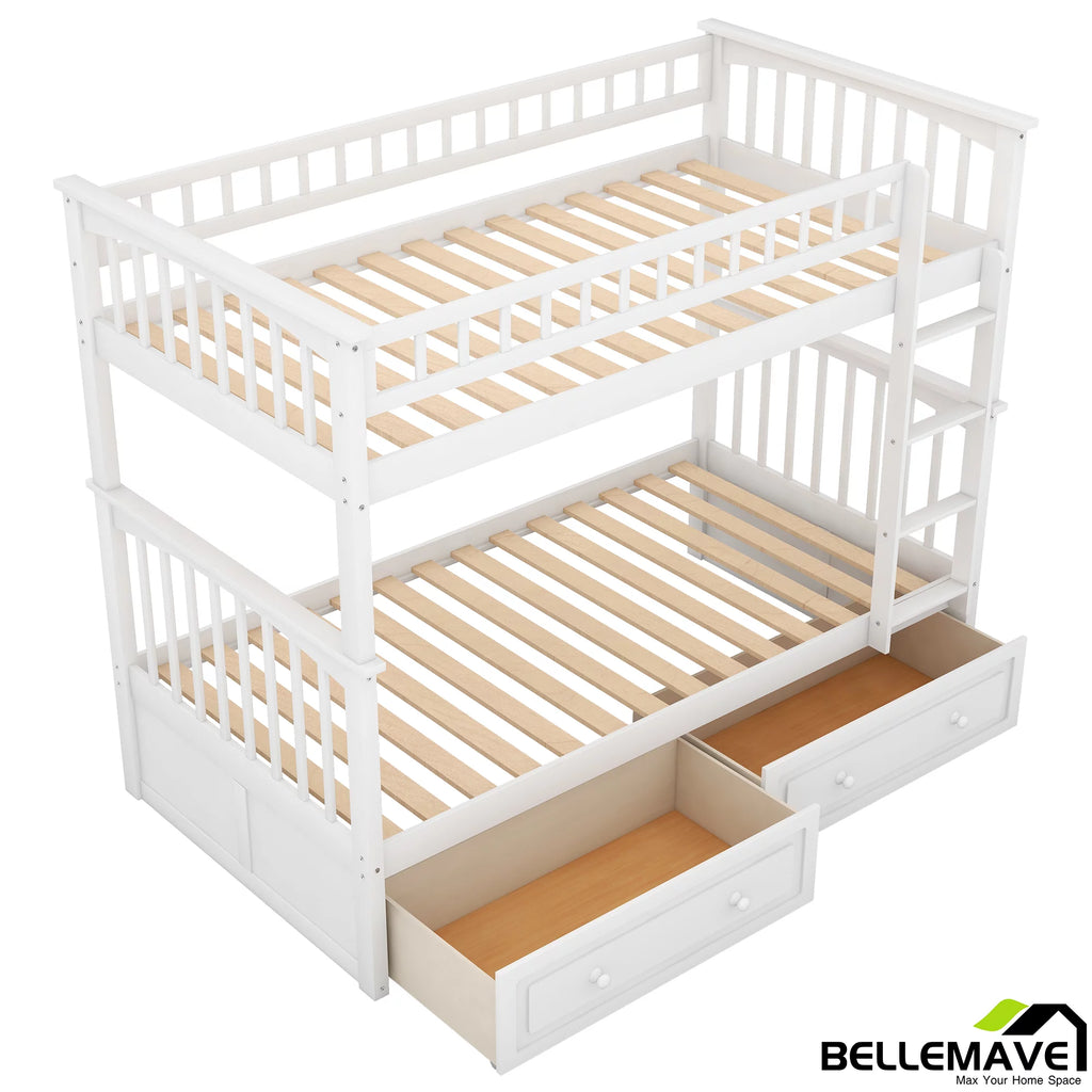 White Twin Over Twin Wooden Bunk Bed with 2 Storage Drawers M5682