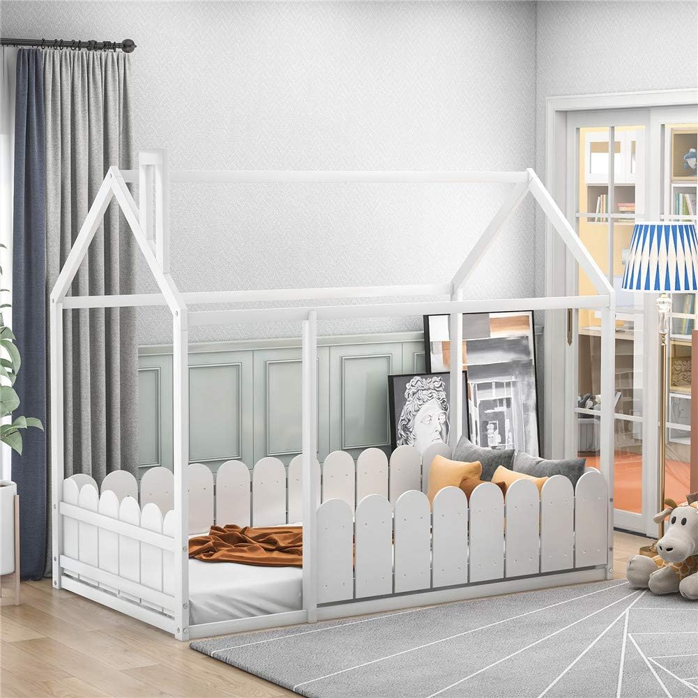 Twin Size Wood House Bed Frame with Fence U104