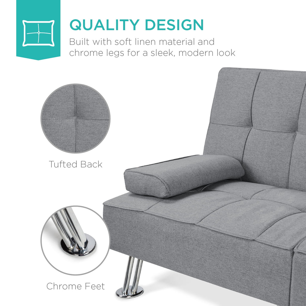 Gray Linen Convertible Futon Sofa Bed with Cupholders N388649