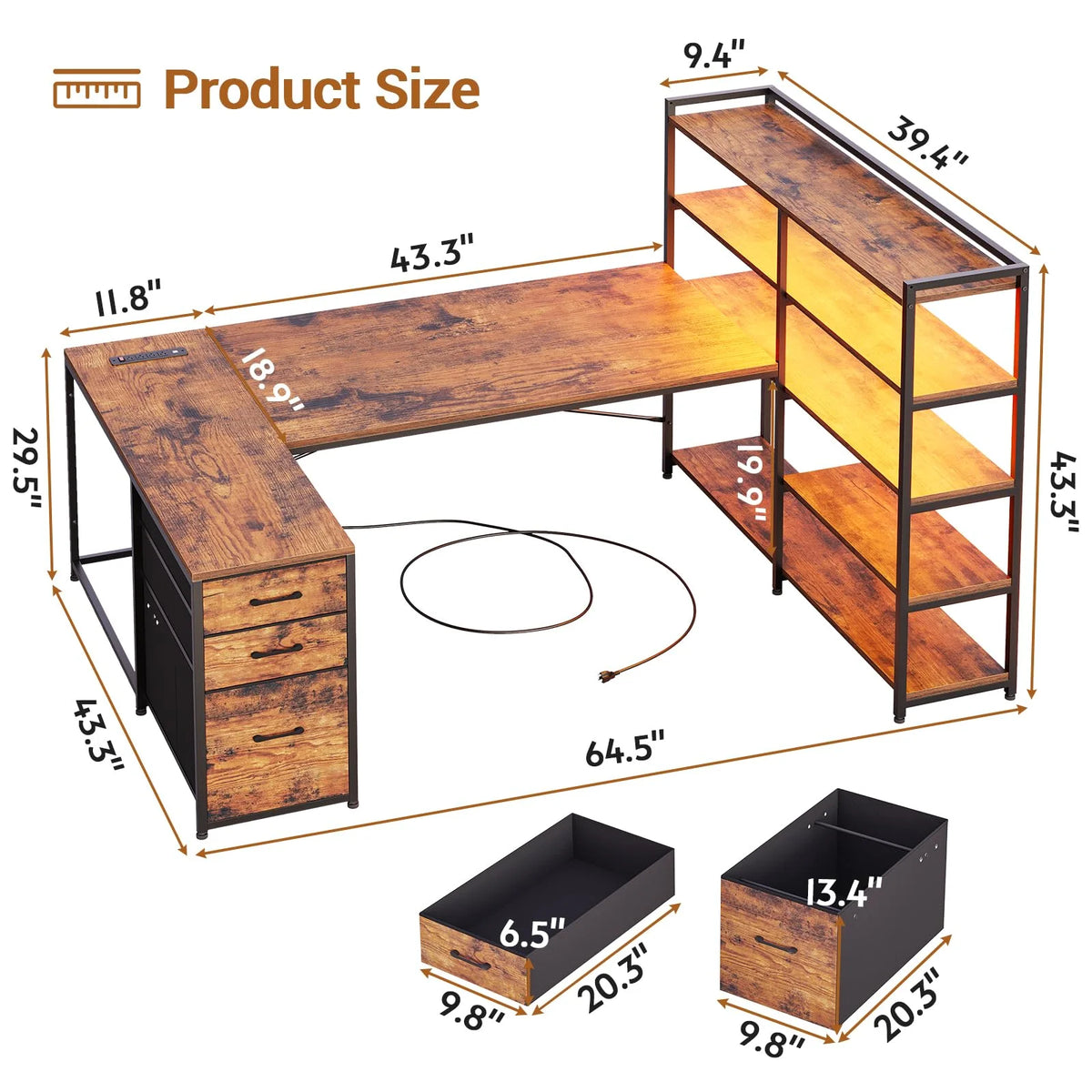 Reversible U Shaped Computer Desk with Power Outlet and LED Strip T737865