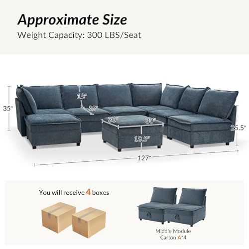 127'' Beige Chenille Modular Sectional Sofa with Storage Ottoman P8927