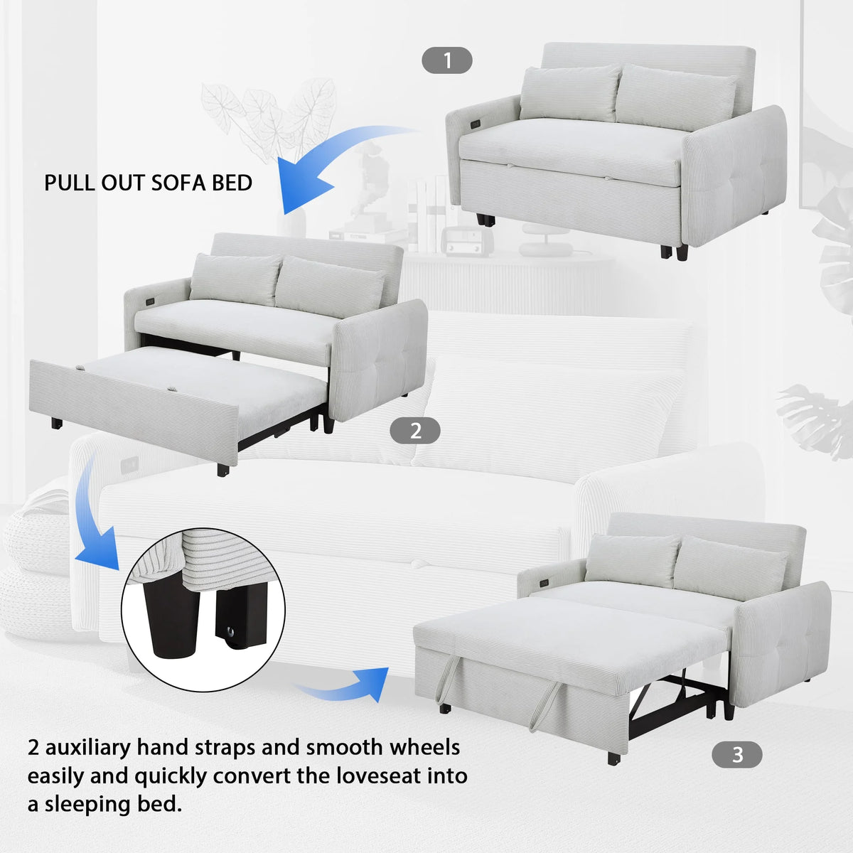 2-Seater Pull-Out Sofa Bed with Adjustable Backrest and USB Port F462546