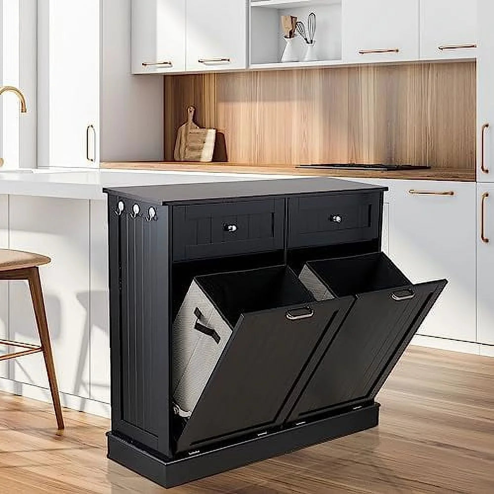 Double Tilt Out Trash Cabinet Laundry Hamper 20 Gallon Black P5502