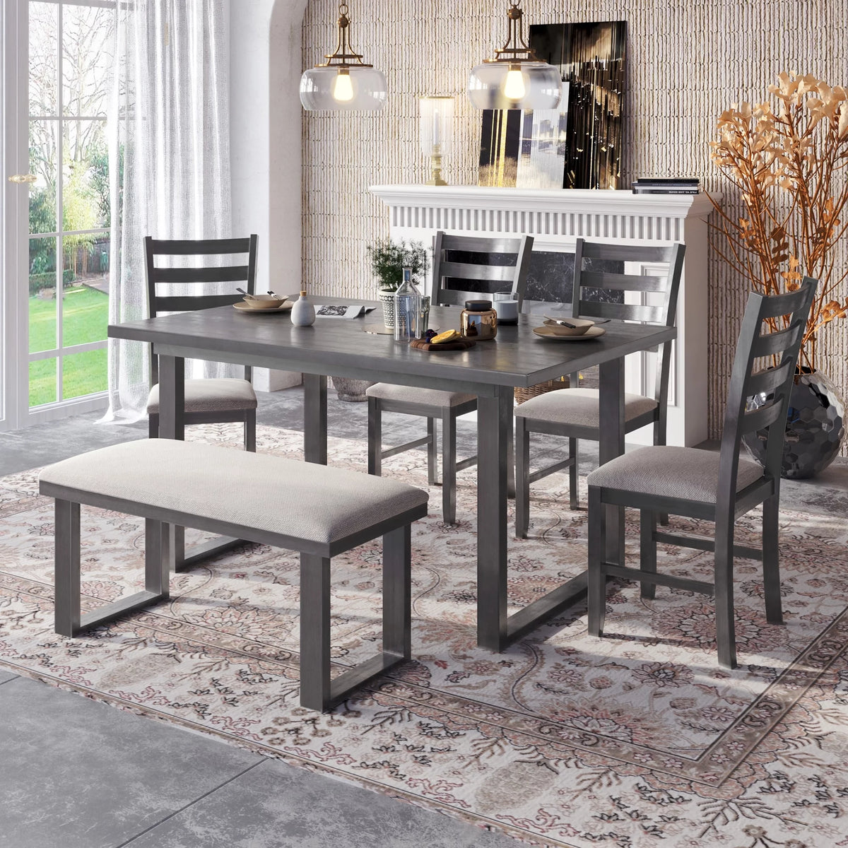 6 Piece Solid Wood Dining Set with Table 4 Chairs and Bench Gray S240