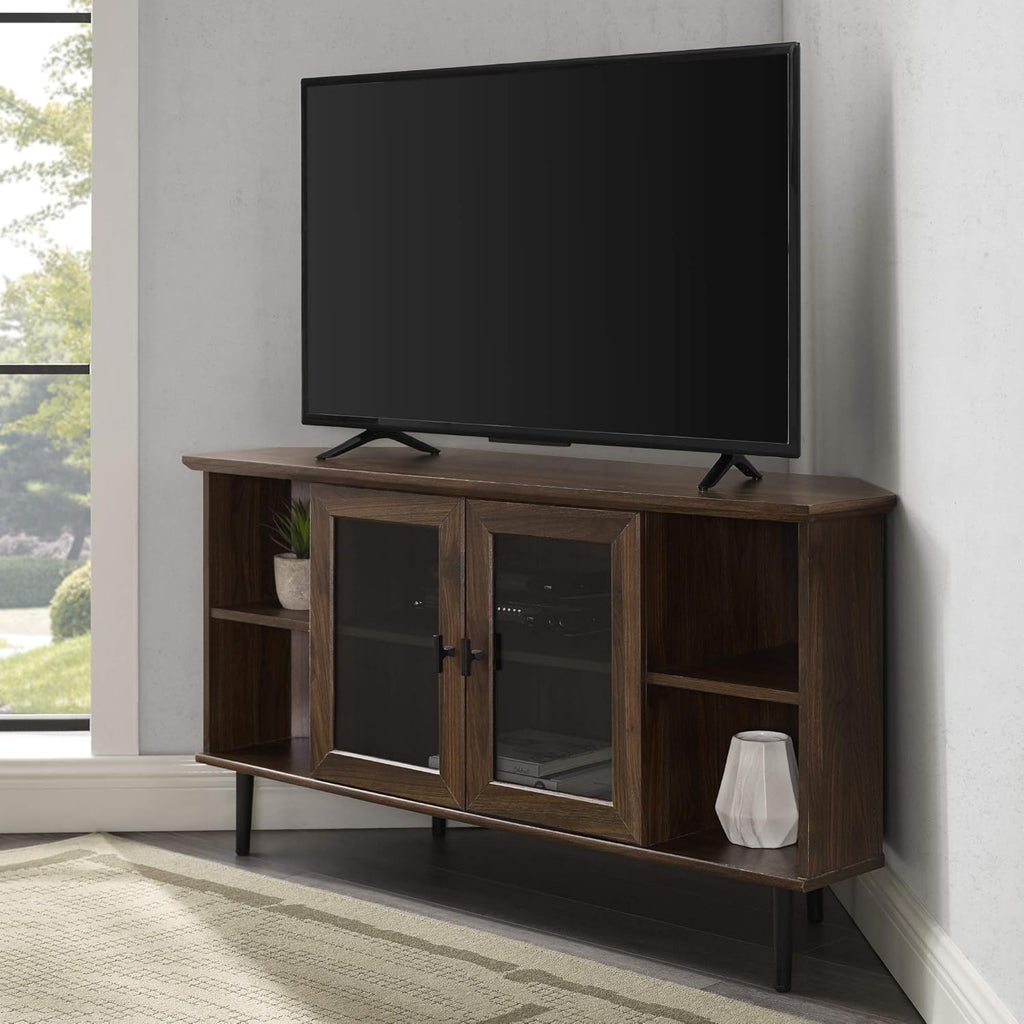 Dark Walnut 48 Inch Wood Corner TV Stand with Glass Cabinet Doors Q6664