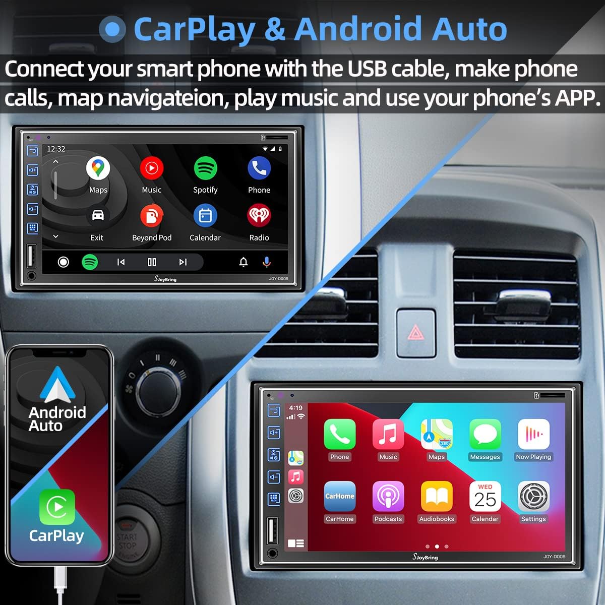 Double Din Car Stereo with Voice Control Carplay and Android Auto, 7 Inch Full Touch HD Capacitive Screen, Car Radio with Bluetooth 5.1, Mirror Link, Front/Rear Camera, Steering Wheel Control, AM/FM S500816