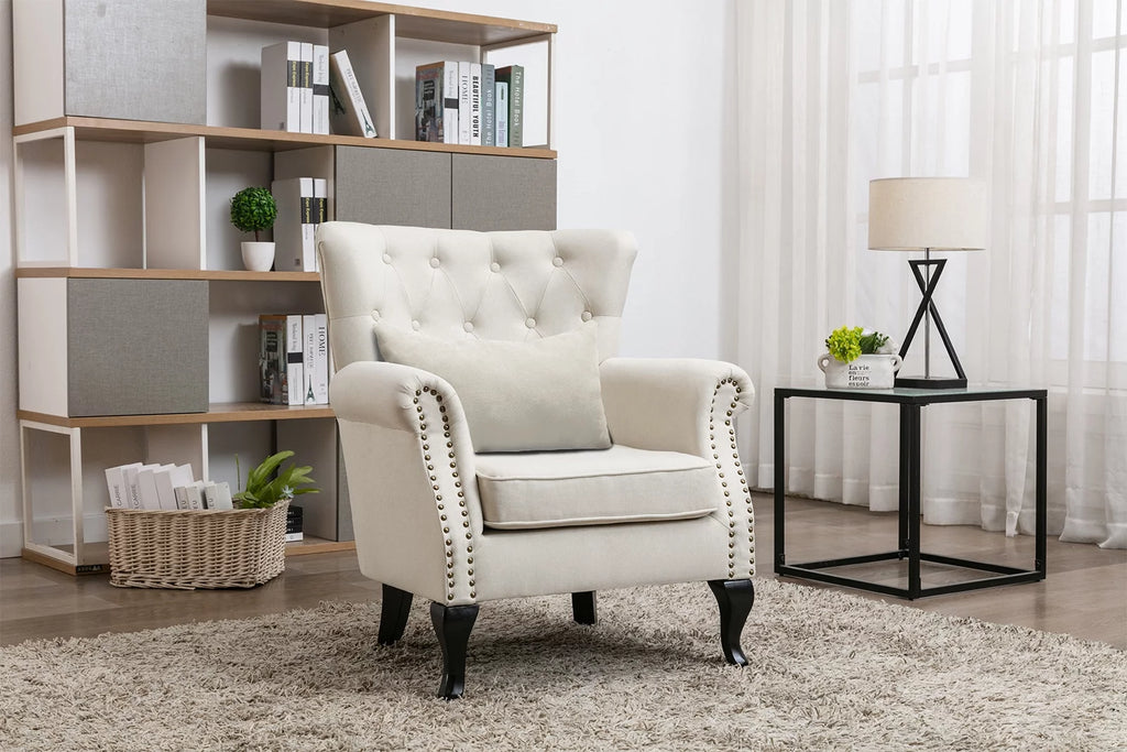 Beige Linen Tufted Accent Chair with Pillow W279