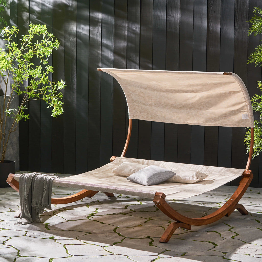Beige Teak Mesh Wood Daybed with Canopy K9829