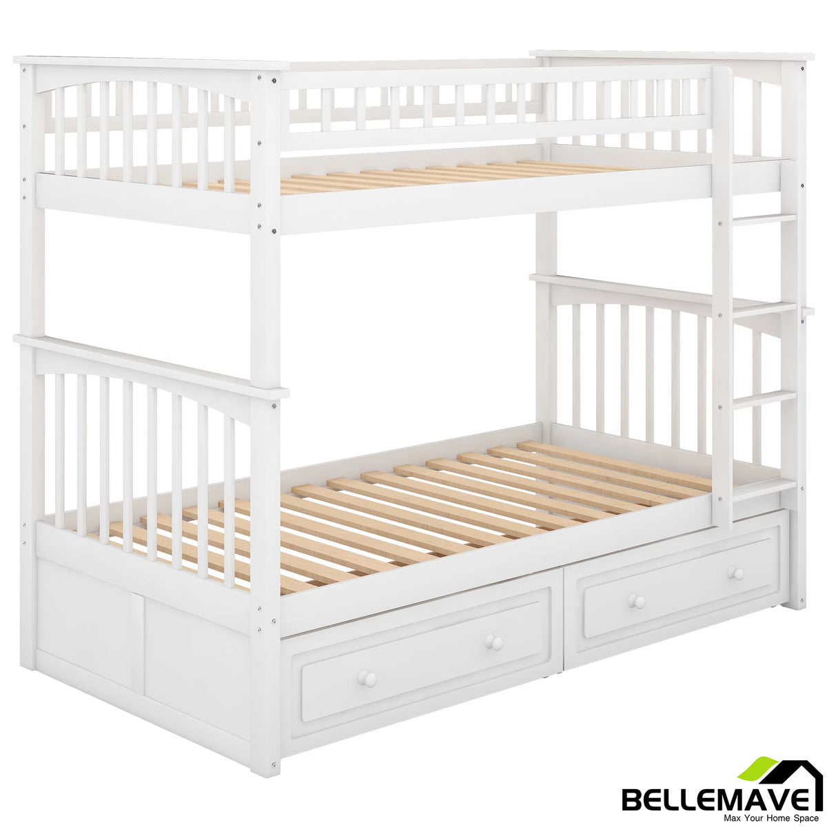 White Twin Over Twin Wooden Bunk Bed with 2 Storage Drawers M5682