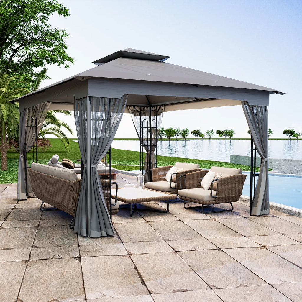 13x11 Metal Patio Gazebo with Mesh Privacy Curtains K32820