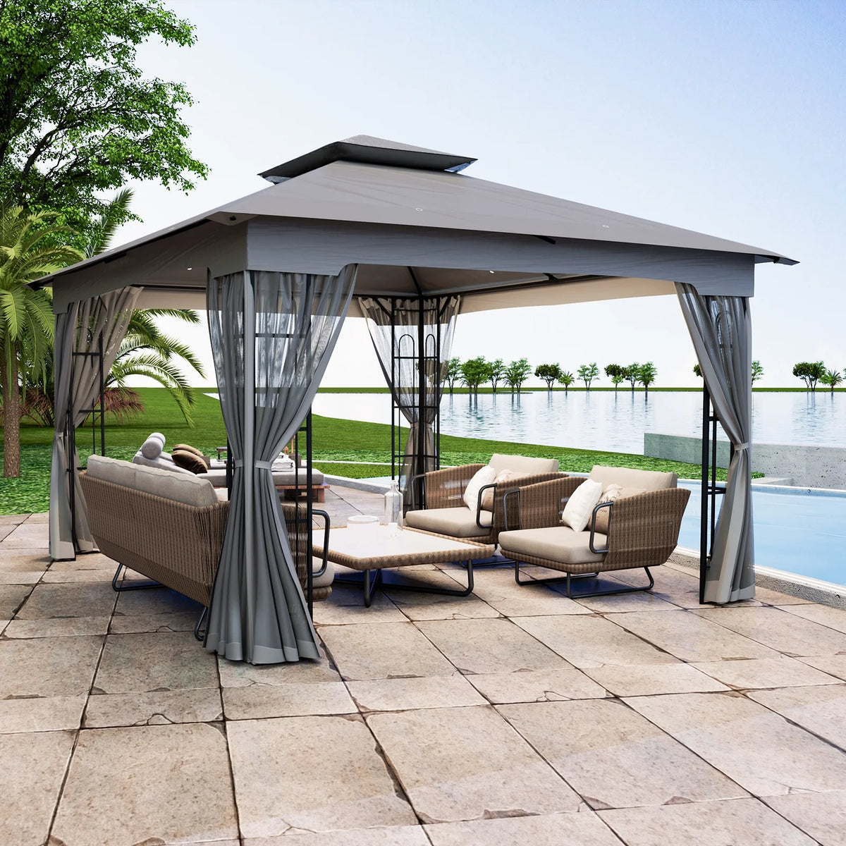 13x11 Metal Patio Gazebo with Mesh Privacy Curtains K32820