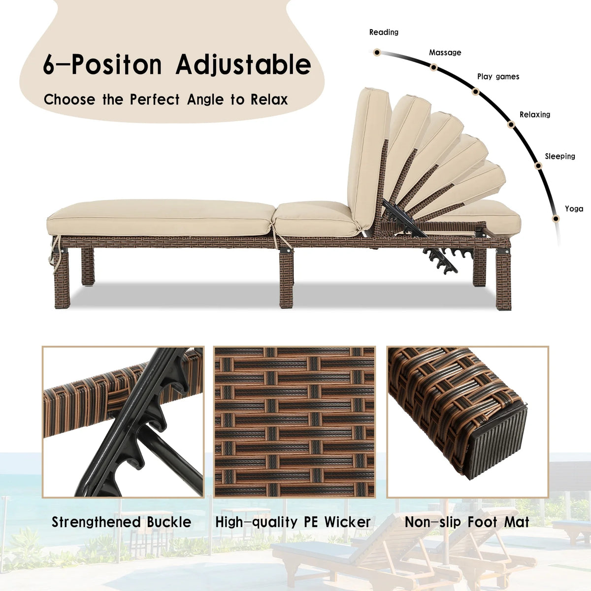 Rattan Wicker Chaise Lounge Chair with Adjustable Backrest & Cushion, Set of 2 K911