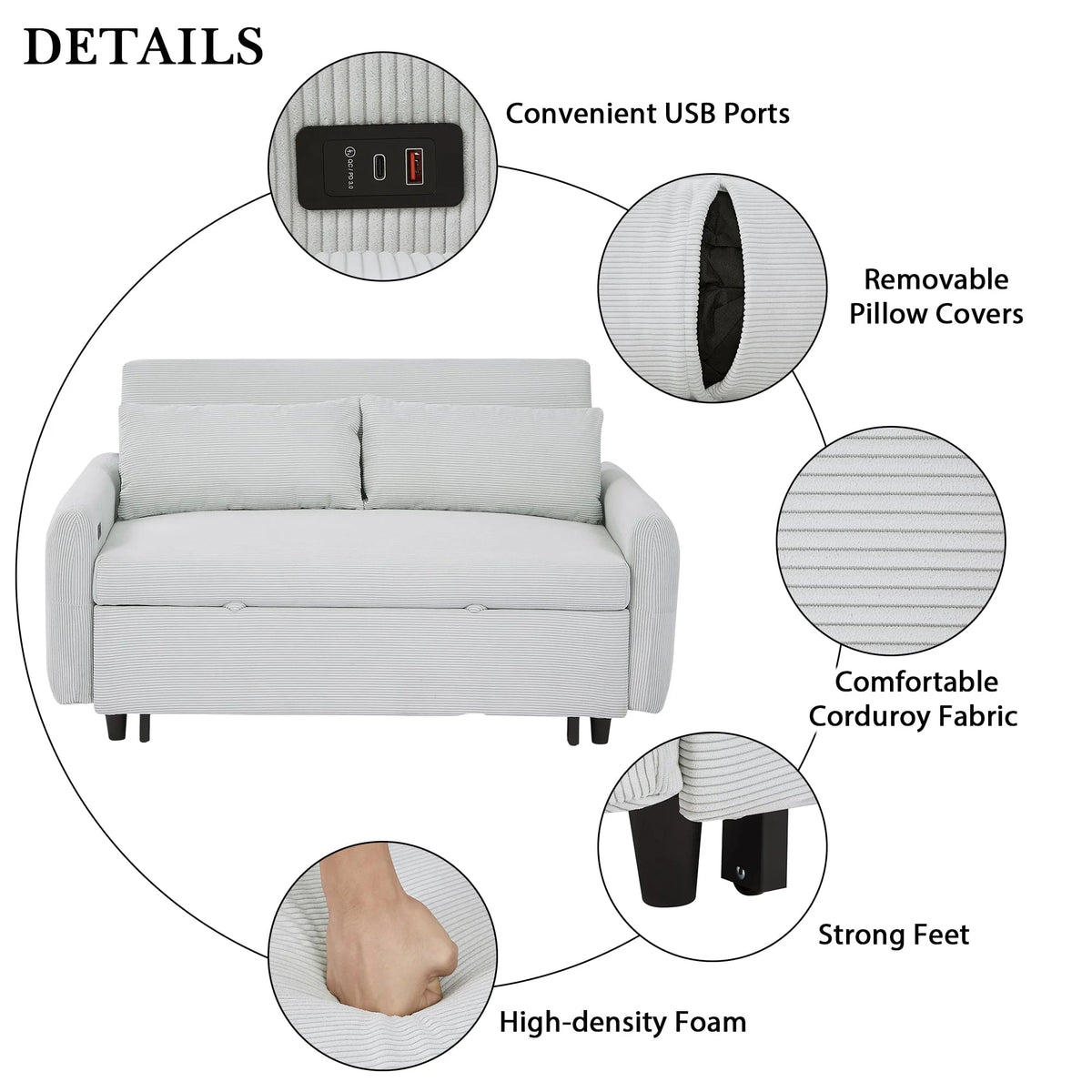 2-Seater Pull-Out Sofa Bed with Adjustable Backrest and USB Port F462546
