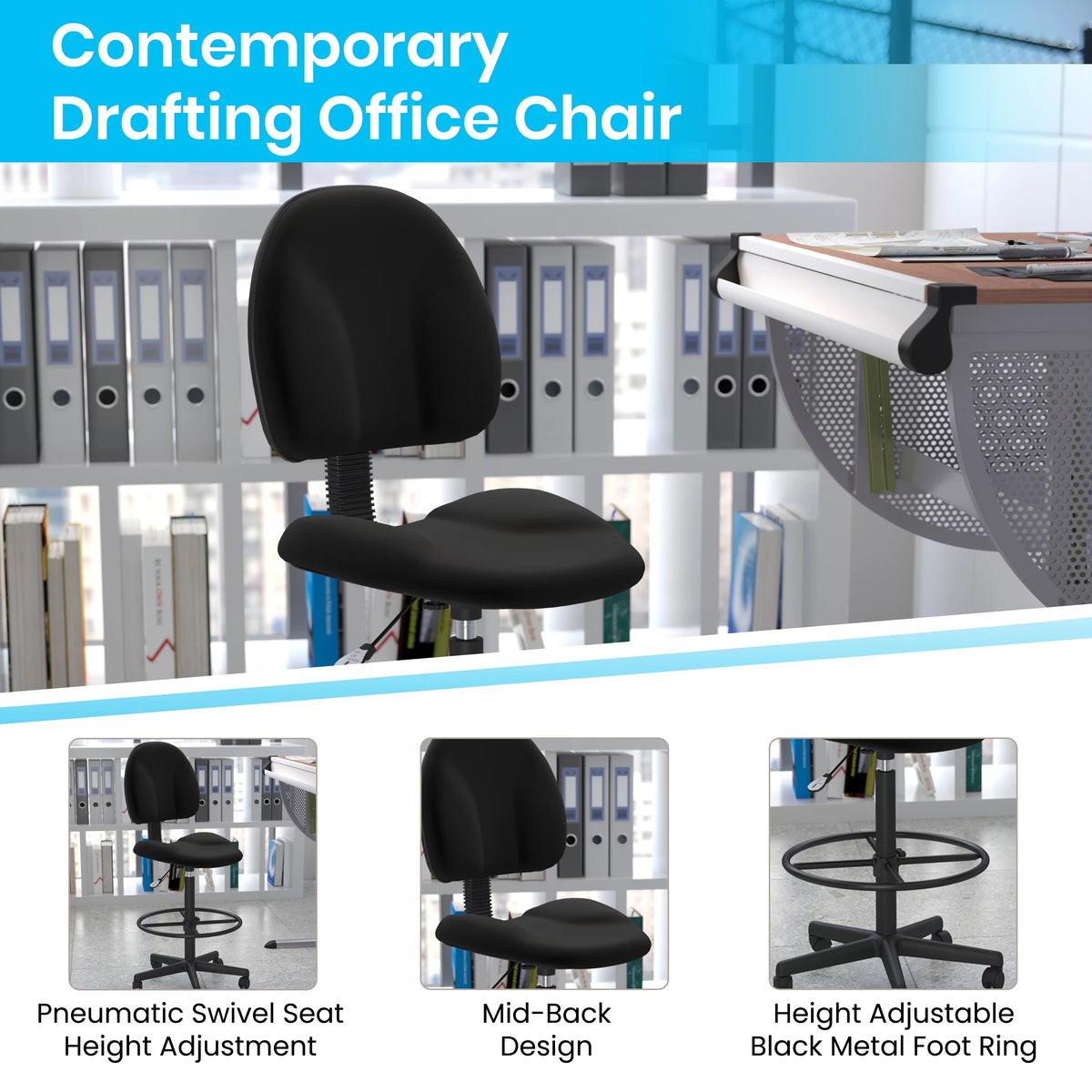 Black Fabric Mid-Back Drafting Chair with Footring B848304