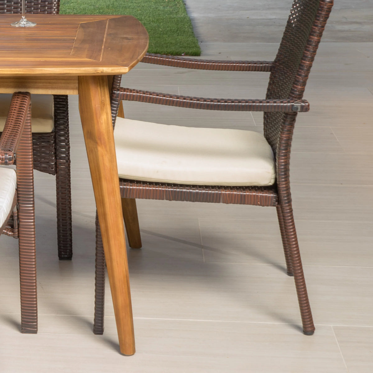 Acacia Wood and Wicker 7 Piece Dining Set with Cushion B70117