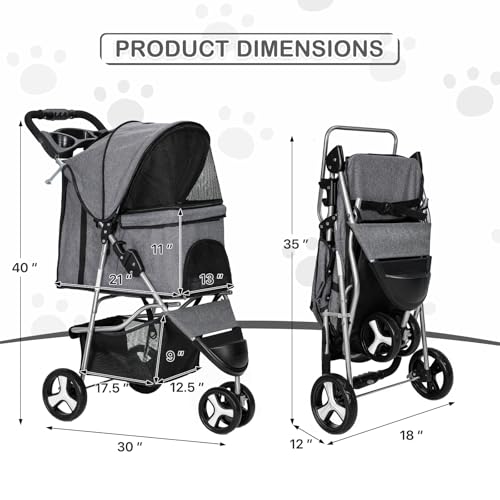3 Wheels Pet Stroller with Storage Basket and Cup Holder W110502