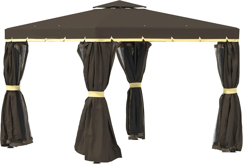 10' x 10' Beige Patio Gazebo with Double Tier Roof, Netting and Curtains A626