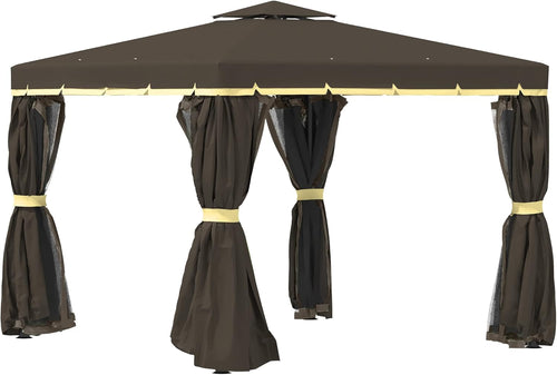 10' x 10' Beige Patio Gazebo with Double Tier Roof, Netting and Curtains A626
