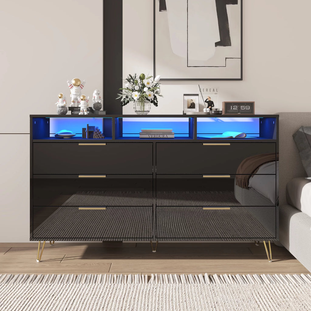 White 6 Drawer Wood Dresser with LED Lights L99439