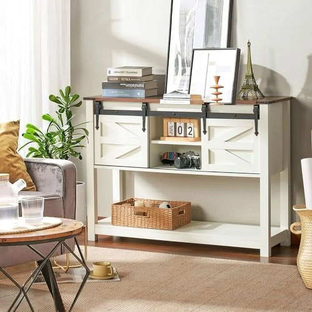 43 Inch Brown Console Table with Sliding Barn Doors C76607