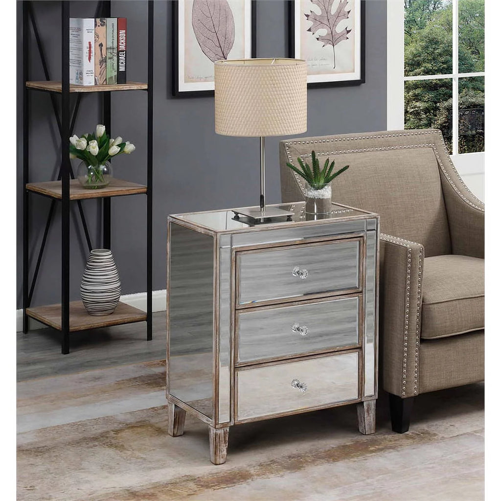 Mirrored Glass Weathered White 3-Drawer Chest Set of 2 H228