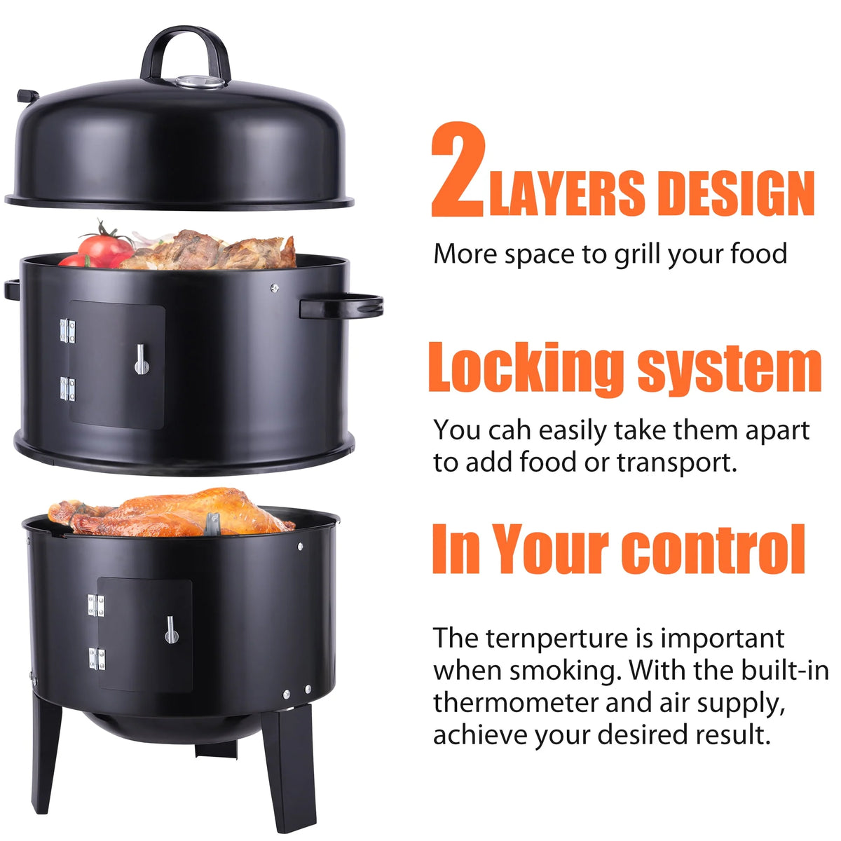3-in-1 Steel Charcoal Smoker BBQ Grill with Thermometer M77232