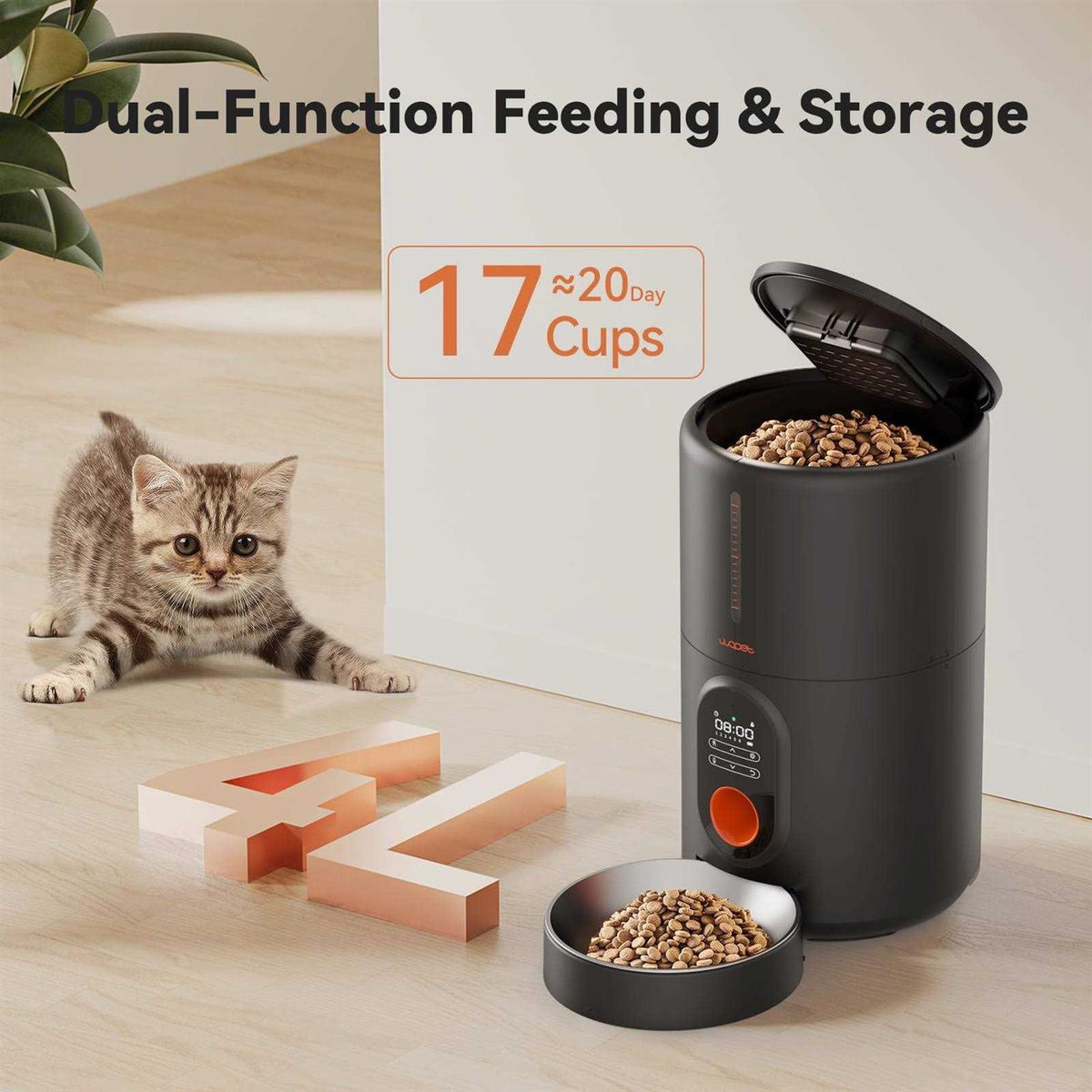 Automatic Dog and Cat Food Dispenser with Stainless Steel Bowl W3581