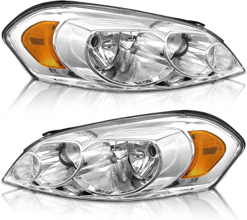 Chrome Housing Amber Reflector Headlight Assembly Driver and Passenger Side V14096