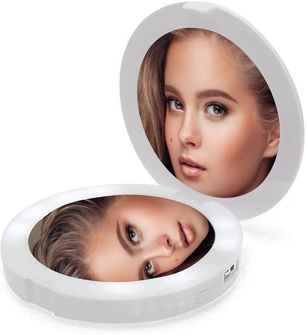 Rechargeable Lighted Round Travel Mirror with 5X Magnifying Glass P753