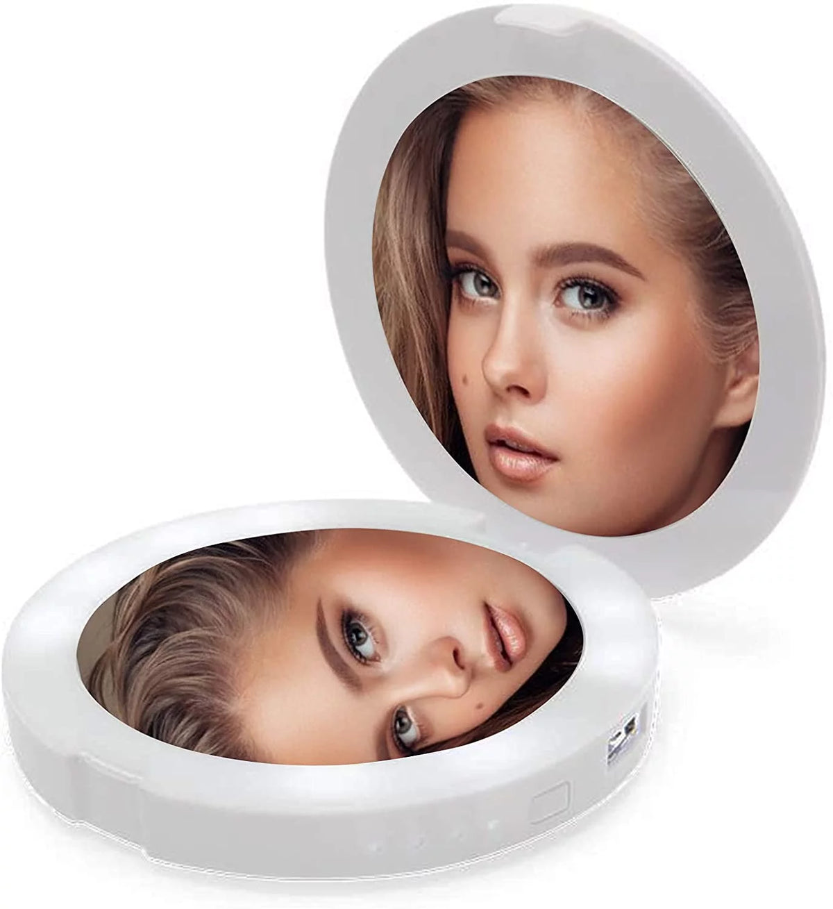 Rechargeable Lighted Round Travel Mirror with 5X Magnifying Glass P753