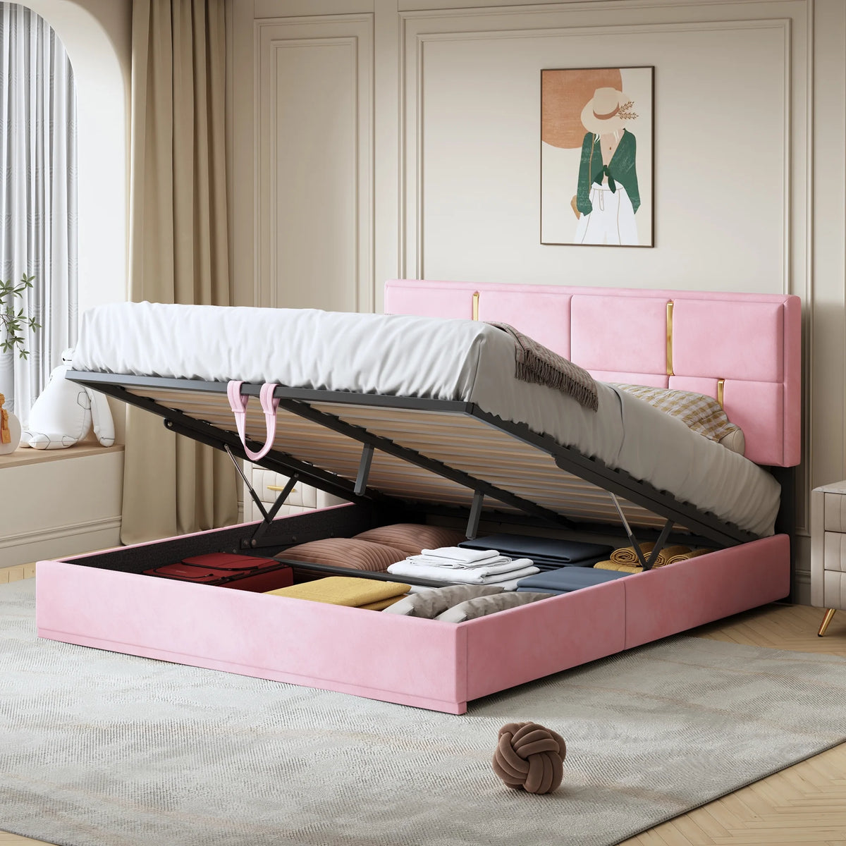 Queen Size Hydraulic Storage Upholstered Platform Bed Frame V9365