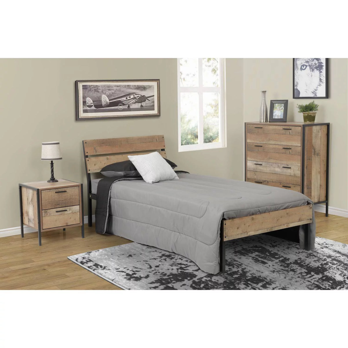 Twin Bed Frame with Black Metal Base and Rustic Barnwood Headboard and Footboard Q74241