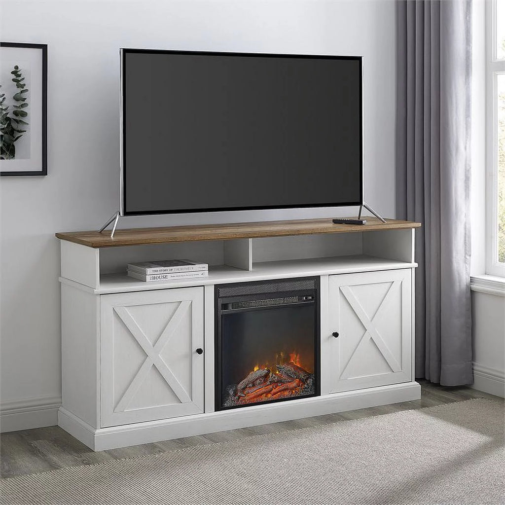 60" Tall Highboy Fireplace TV Stand in Rustic Oak/Brushed White W717905