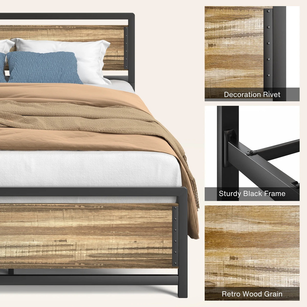 Queen Size Metal Platform Bed Frame with Wooden Headboard Footboard H48274