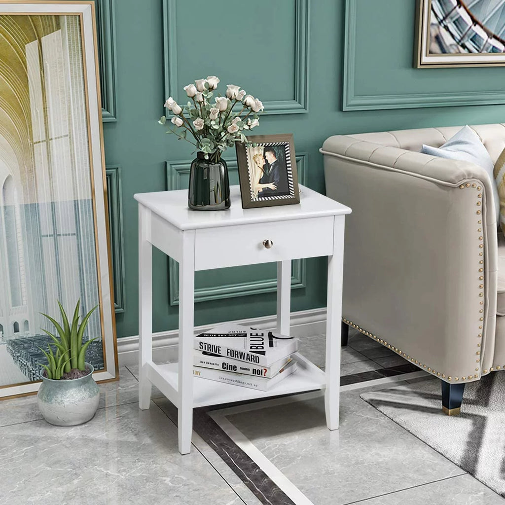 White 2-Tier Wooden Nightstand with Drawer R9357