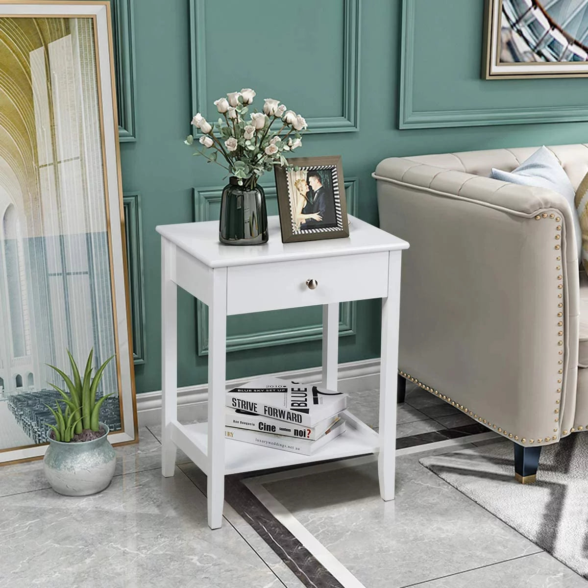 White 2-Tier Wooden Nightstand with Drawer R9357