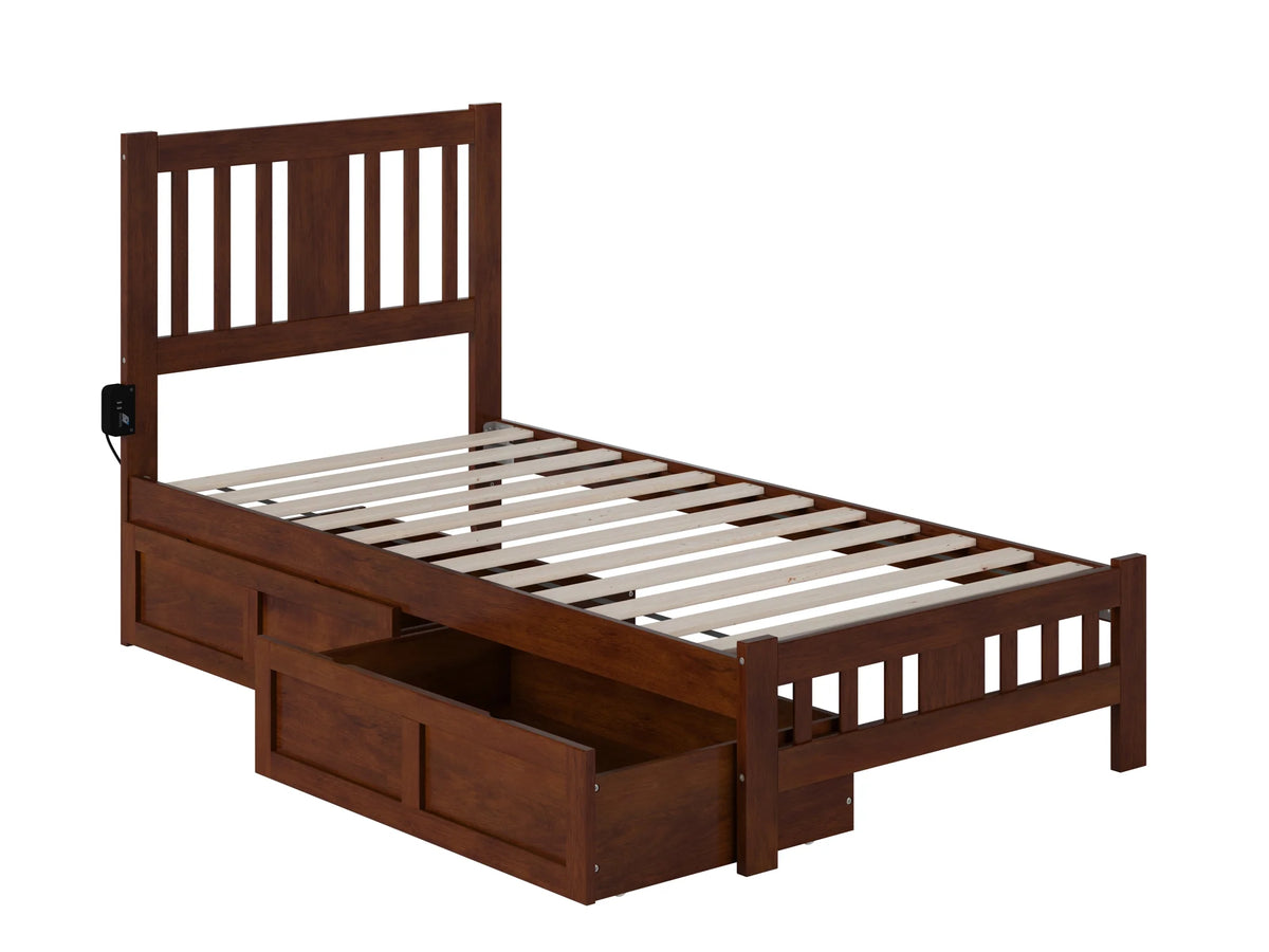 Twin Wood Platform Bed with Headboard Footboard & 2 Storage Drawers Walnut Q841905