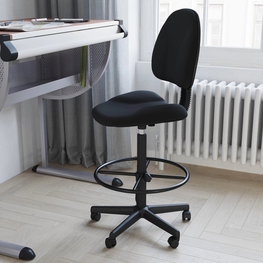 Black Fabric Mid-Back Drafting Chair with Footring B848304
