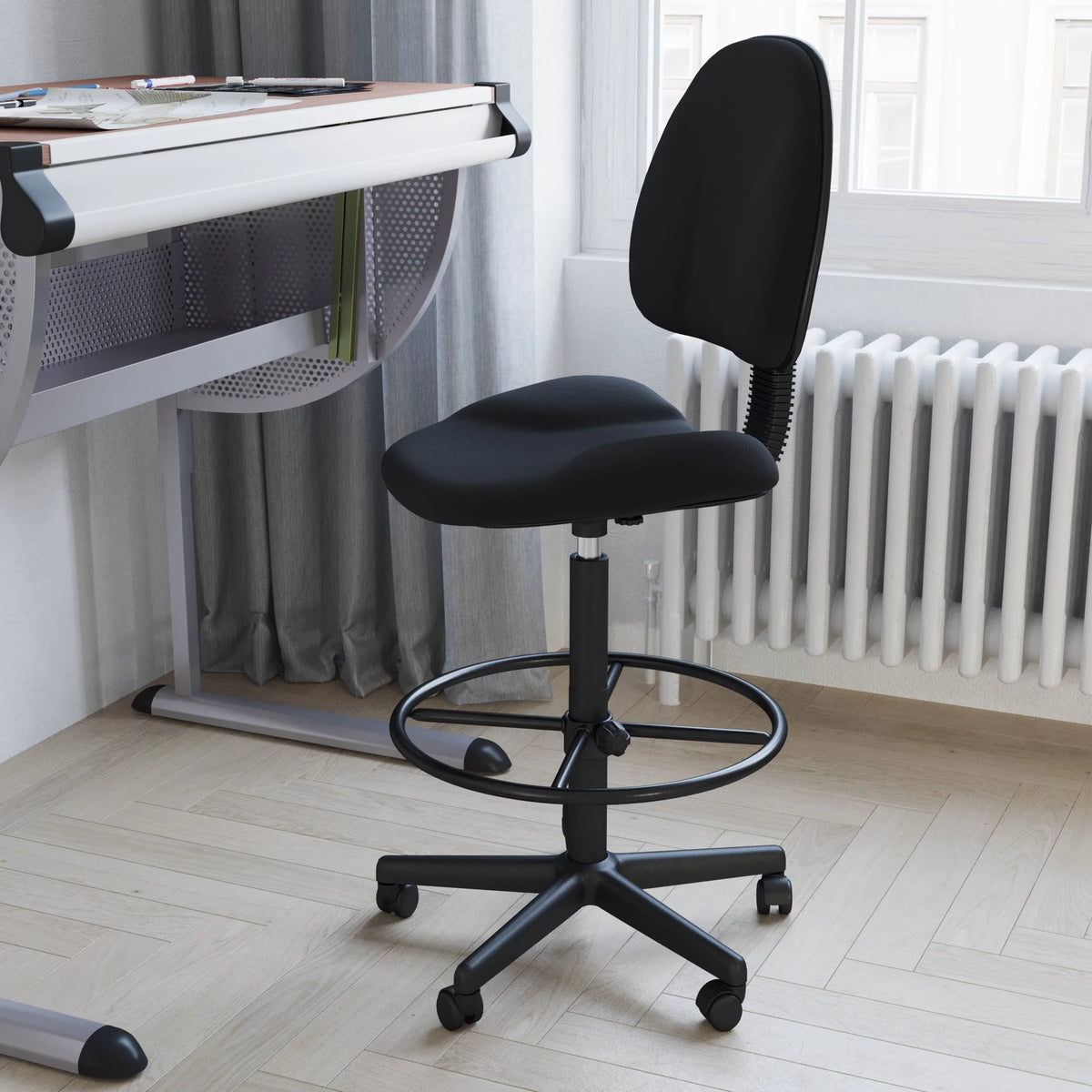 Black Fabric Mid-Back Drafting Chair with Footring B848304