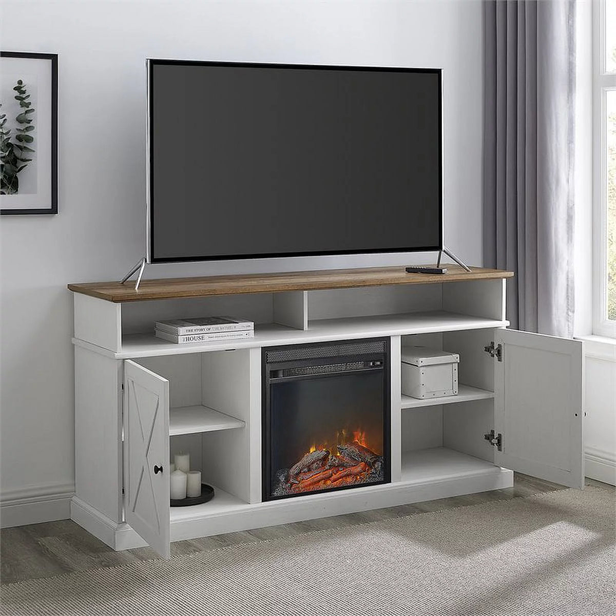 60" Tall Highboy Fireplace TV Stand in Rustic Oak/Brushed White W717905